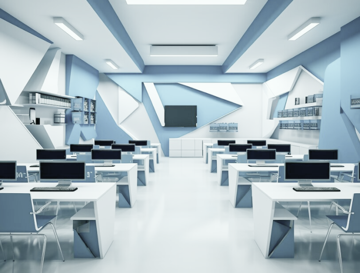 training room with laptops and chairs